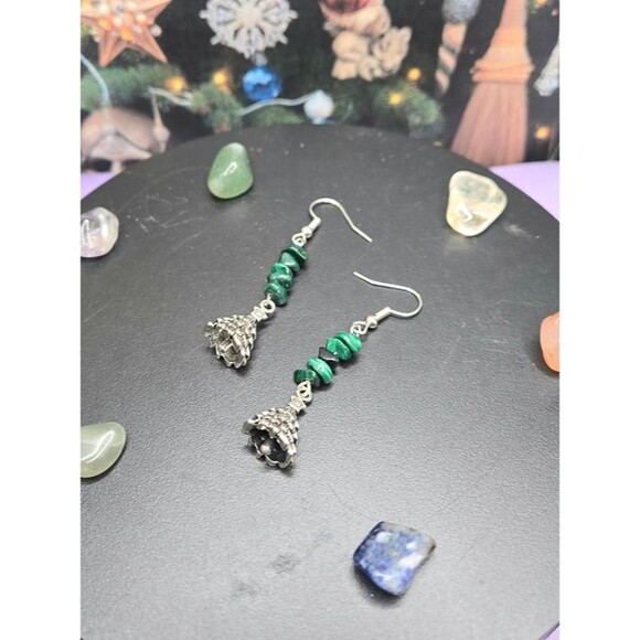 Malachite Chips Christmas Tree Charm Gemstone Festive Earrings - Picture 3 of 6
